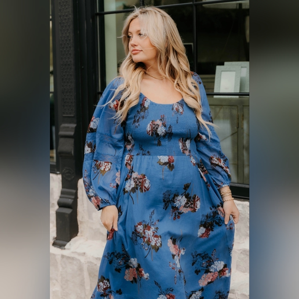 Free People Blue Sundress with Bishop Sleeves and Square Neck